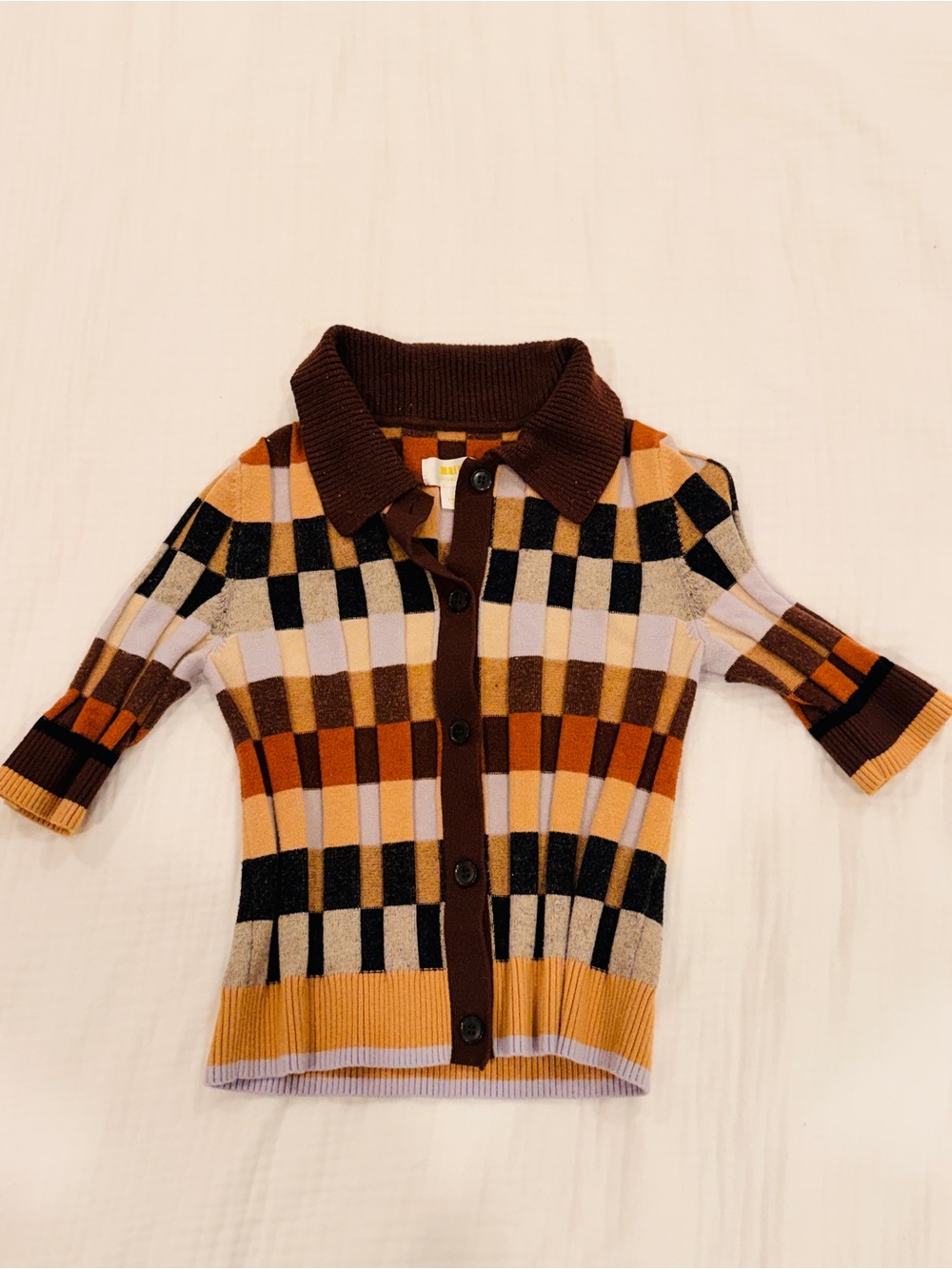 Anthropologie Maeve Brown, Tan & Black Checkered Knit Button-Down Polo